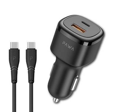 Pawa Solid Car Charger PD 48W +QC with Type-C to Type-C Cable - Black